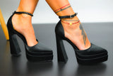 Pantofi De Dama Diamond Cu Toc Negru Din Material Satinat