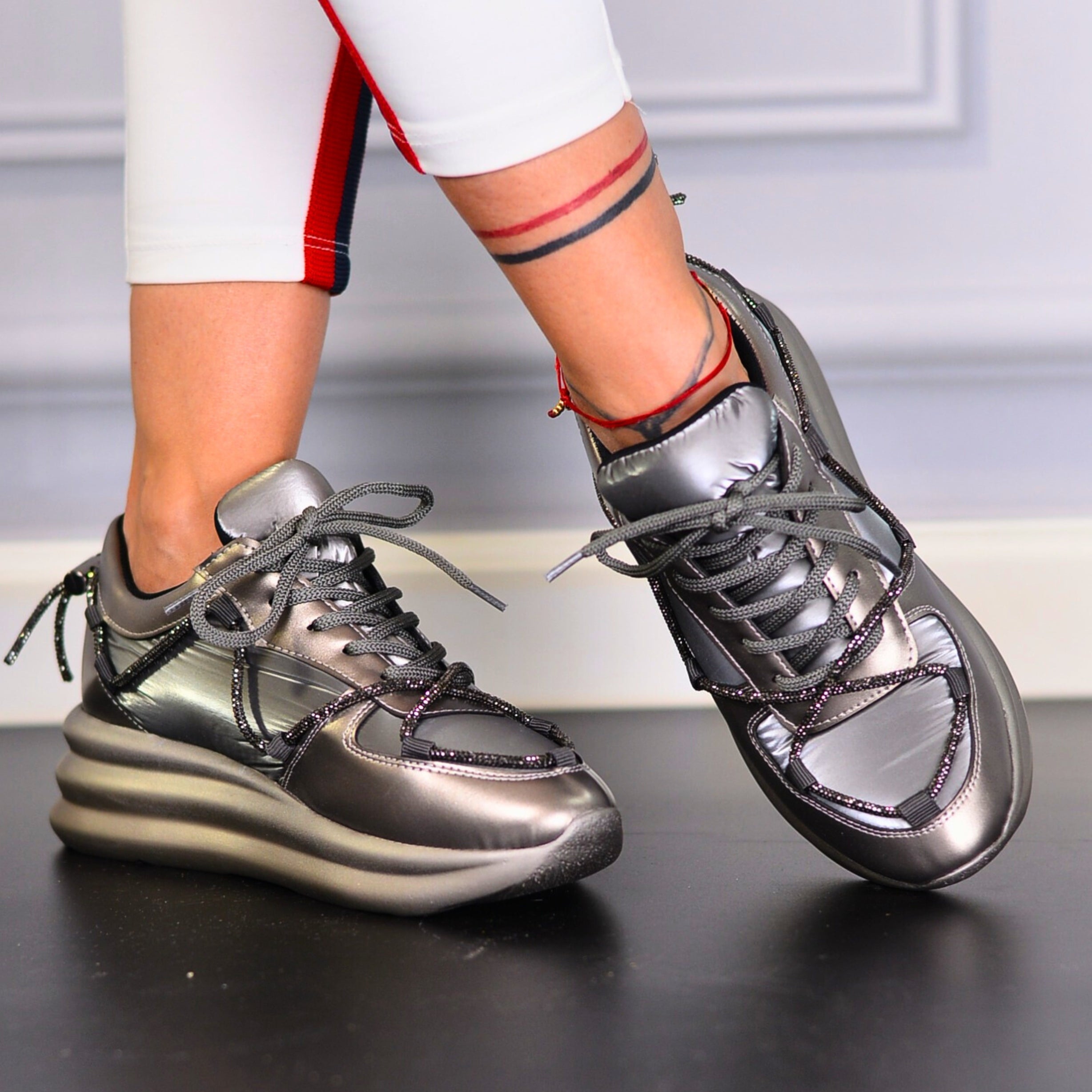 Pantofi Sport Dama Iza Argintiu Din Piele Eco Si Material Impermeabil