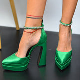 Pantofi De Dama Diamond Cu Toc Verde Din Material Satinat