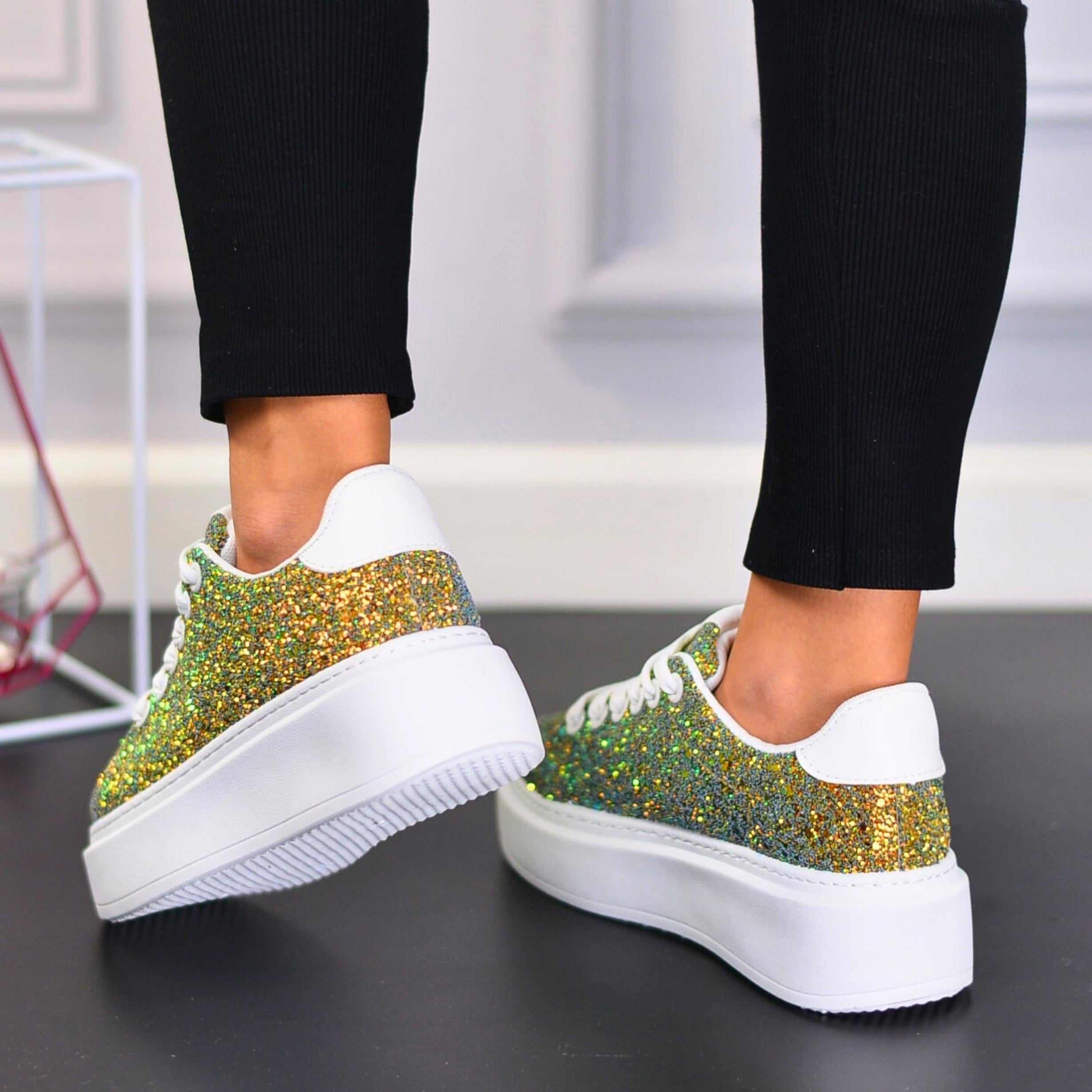 Sneakersi Dama Cerasela Multicolor Din Piele Eco Glitter