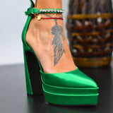 Pantofi De Dama Diamond Cu Toc Verde Din Material Satinat