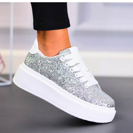 Sneakersi Dama Cerasela Argintii Din Piele Eco Glitter