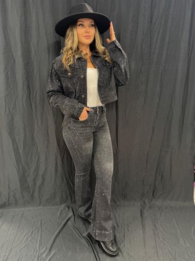 Pantalon Denim Trapez negru cu pietricele argintii