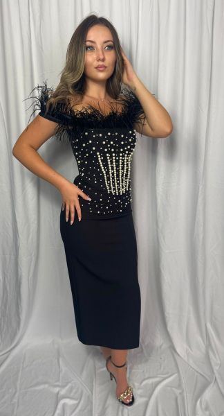 Rochie neagră MIDI elegantă cu balene de perle albe