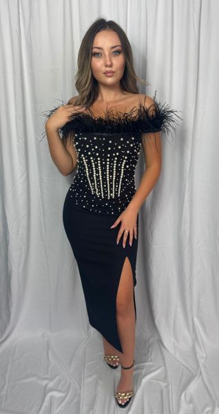 Rochie neagră MIDI elegantă cu balene de perle albe