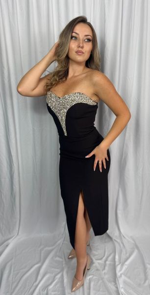 Rochie MIDI elegantă cu pietricele argintii la bust
