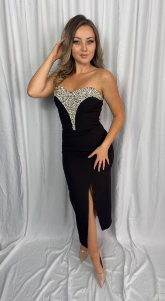 Rochie MIDI elegantă cu pietricele argintii la bust