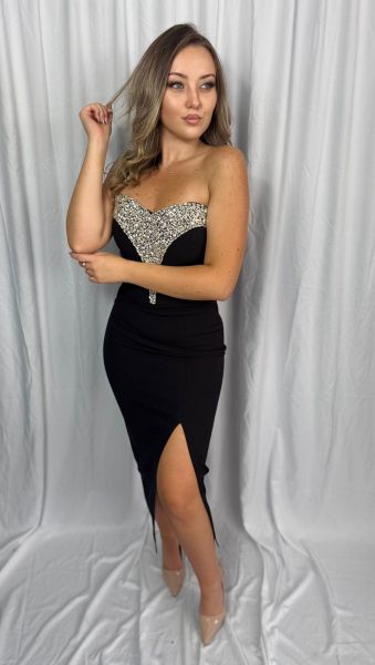 Rochie MIDI elegantă cu pietricele argintii la bust