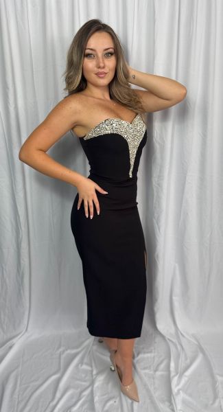 Rochie MIDI elegantă cu pietricele argintii la bust