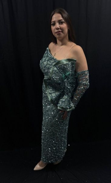 Rochie Lungă Verde cu floare si paiete