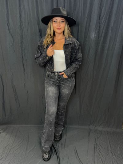Jacheta denim MIRROR full pietricele negre