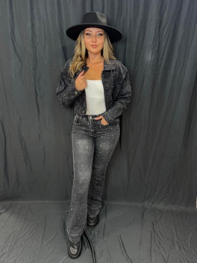 Pantalon Denim Trapez negru cu pietricele argintii